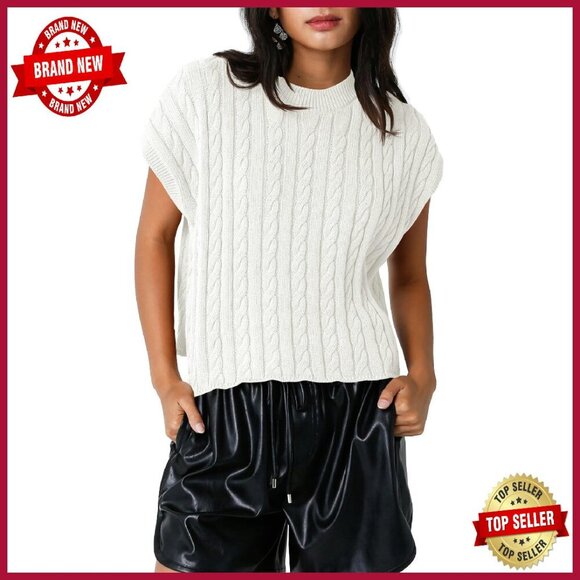 Sweaters - Cable Knit Cropped Sweater Vest Cap Sleeve Pullover Loose Fit